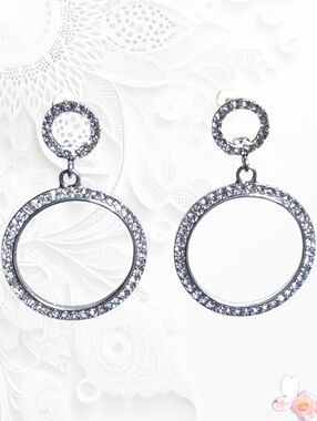 Rhinestone Dangle Clip On Hoop Earrings Pavé Silver Tone 2" 744